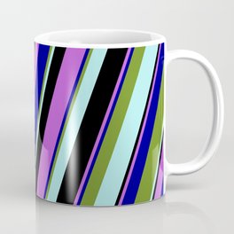 [ Thumbnail: Eyecatching Orchid, Dark Blue, Green, Turquoise, and Black Colored Stripes/Lines Pattern Coffee Mug ]