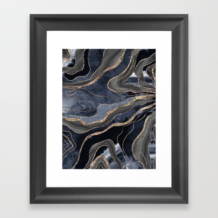 Navy Blue Black Marble Agate Gold Glitter Glam #2 (Faux Glitter) #decor #art #society6 Framed Art Print