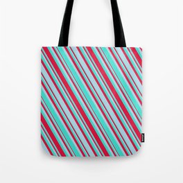 [ Thumbnail: Turquoise, Crimson, and Light Blue Colored Lined Pattern Tote Bag ]
