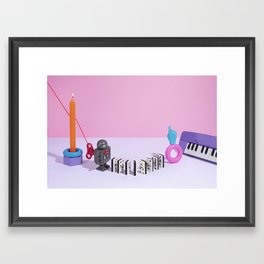 Causality Framed Art Print | Pink, Dominoesrow, Pointing, Toys, Figures, Cute, Dominoes, Row, Domino, Orangecandle 