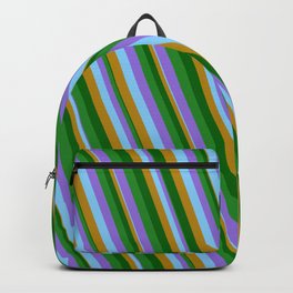 [ Thumbnail: Vibrant Purple, Light Sky Blue, Dark Goldenrod, Dark Green, and Forest Green Colored Lines Pattern Backpack ]