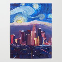 Starry Night in Los Angeles - Van Gogh Inspirations with Skyline and Mountains Poster