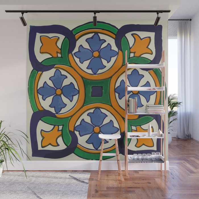 Blue flower bouquet talavera tile decorative wall vintage mexican Wall Mural by T Mex Society6