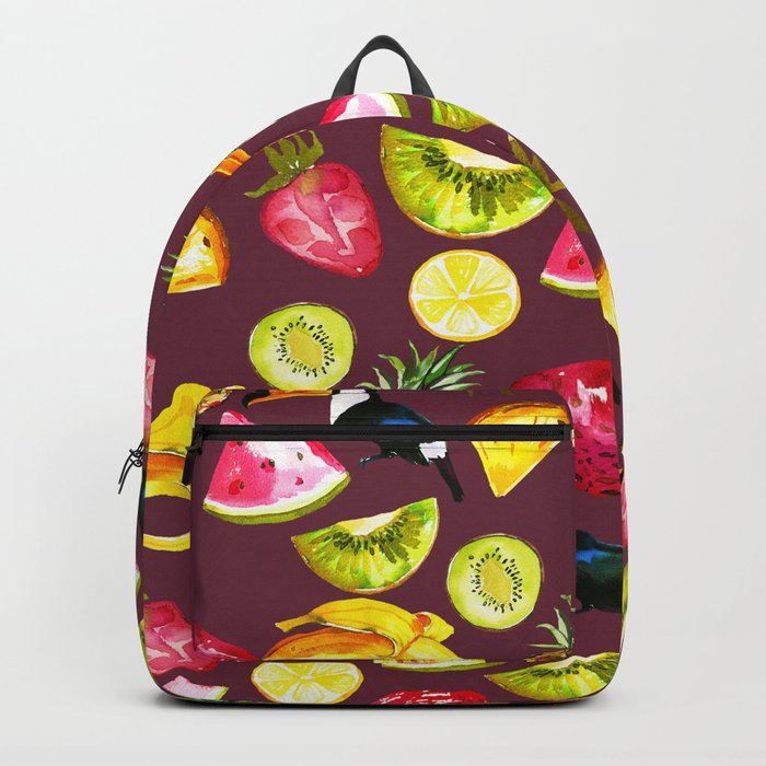 Burgundy yellow pink watercolor tropical bird fruit Backpack