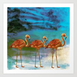 Tropical Flamingo Illustration On Watercolor - Birds Animals Art Print