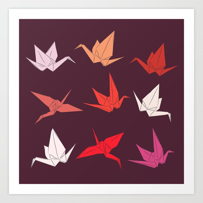 Japanese Origami paper cranes sketch, symbol of happiness, luck