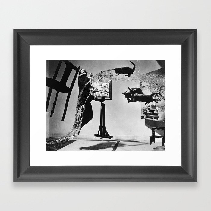 Dalí Atomicus, Salvador Dali painting with flying cats and water spurts surrealism / surrealist black and white photograph / photography by Philippe Halsman Framed Art Print