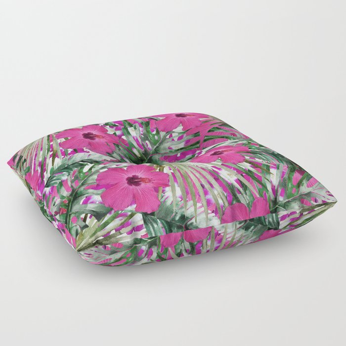Tropical Pastel Pink Forest Green Palm Tree Floral Floor Pillow