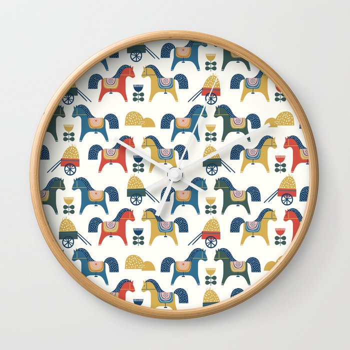 Pattern with horses inspired by scandinavian art. Scandinavian dala horse. Scandinavian flowers and traditional dala horses. Folk art pattern with colorful horses and haystack.  Wall Clock