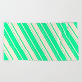 [ Thumbnail: Green and Beige Colored Striped/Lined Pattern Beach Towel ]