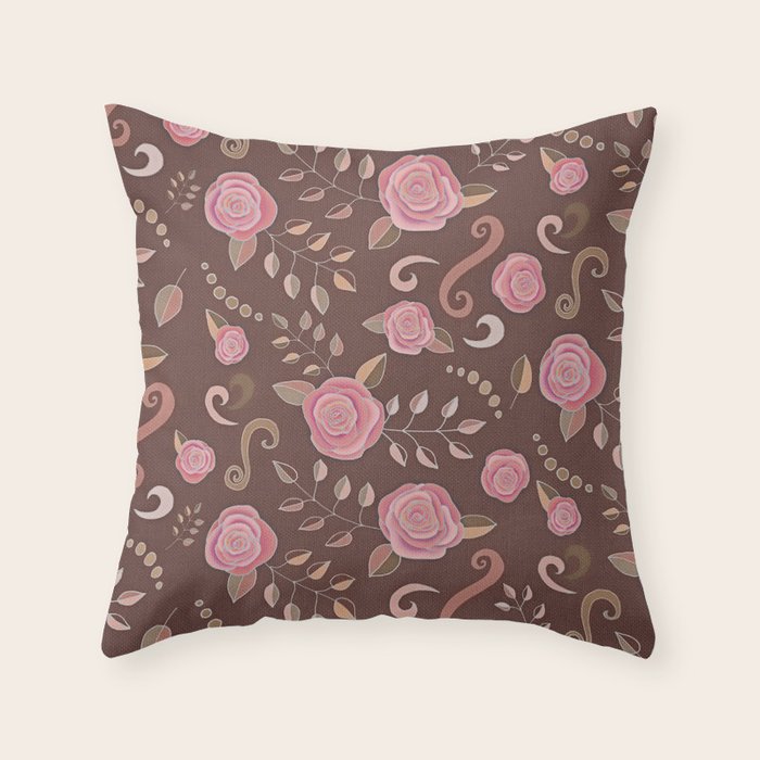 Coffee Roses vintage rose pattern in pink and brown Throw Pillow by micklyn Society6