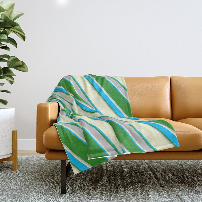 Light Yellow, Deep Sky Blue, Forest Green & Grey Colored Stripes Pattern Throw Blanket