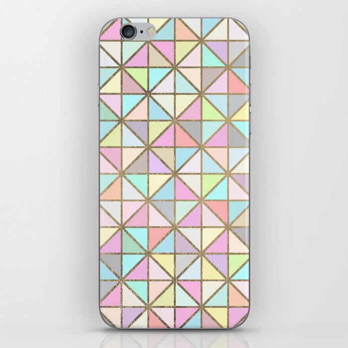 Geometrical pink teal yellow coral gold retro triangles iPhone Skin