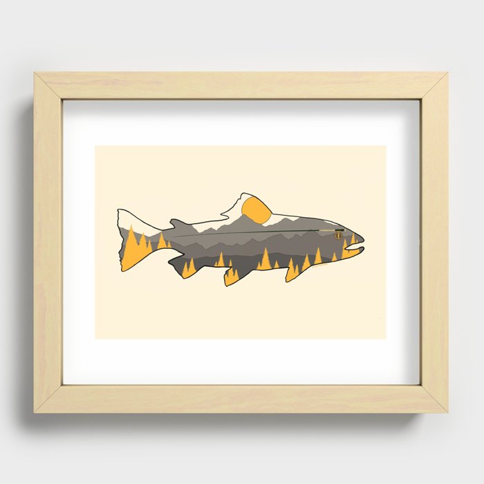 Fly Fishing Golden Mountain Trout Outline Recessed Framed Print by