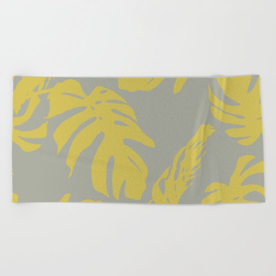 Simply Mod Yellow Palm Leaves on Retro Gray Beach Towel