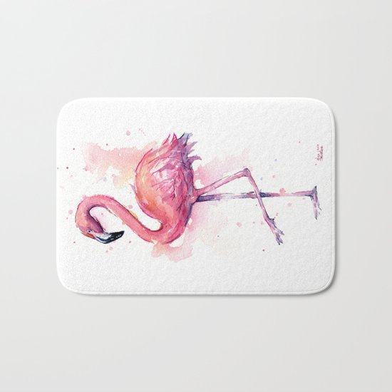 Pink Flamingo Watercolor Tropical Bird Bath Mat