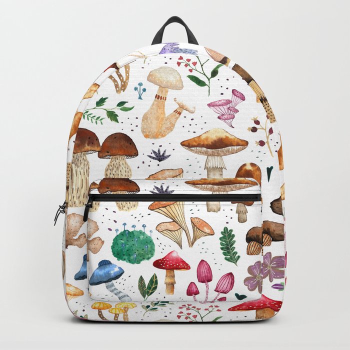 Watercolor forest mushroom illustration and plants Backpack