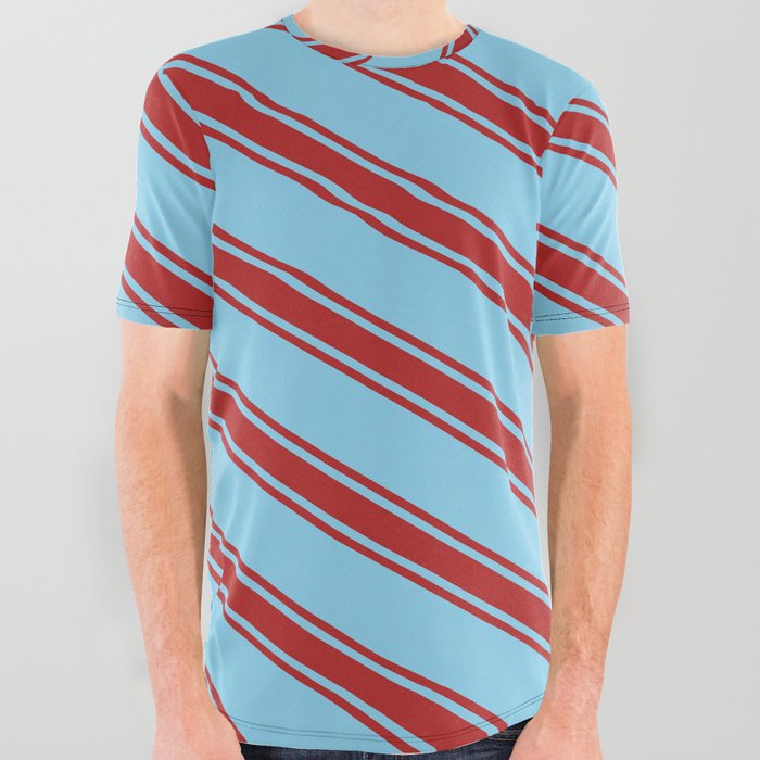 Sky Blue & Red Colored Stripes Pattern All Over Graphic Tee