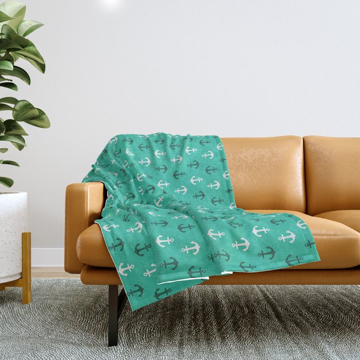 White and green anchors Throw Blanket