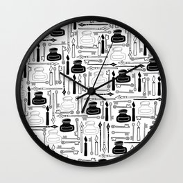 Writer pattern - pens and ink - black on white Wall Clock