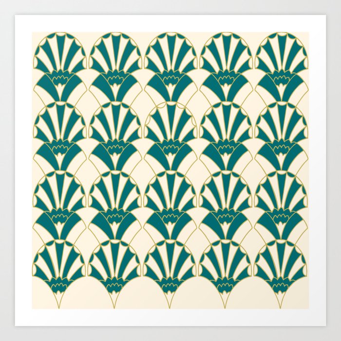 Art Deco Fans 1.1 Green Gold & Cream Decorative Fan Design Art Print
