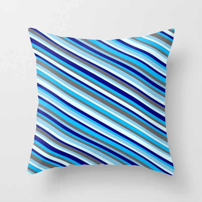 Vibrant Dim Gray, Sky Blue, Light Cyan, Blue & Deep Sky Blue Colored Lined/Striped Pattern Throw Pillow
