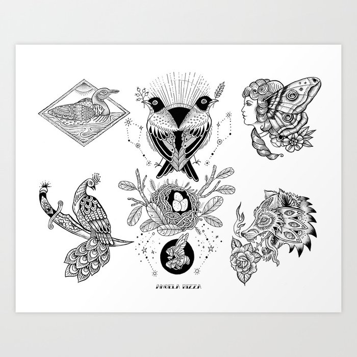 Black and White Tattoo Flash 1 Art Print by Angela Rizza