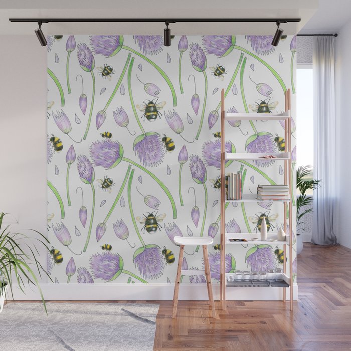 Chive Flowers & Bumble Bees Wall Mural