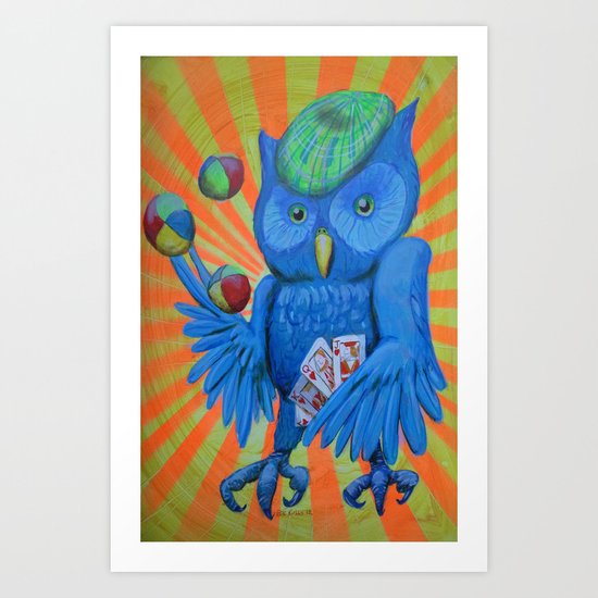 Juggling Card Playing Owl Art Print