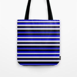 [ Thumbnail: Blue, Light Gray & Black Colored Striped Pattern Tote Bag ]