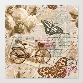 Seamless vintage background with roses, butterfly and bicycle.  Canvas Print