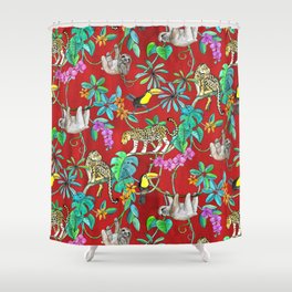 Rainforest Friends - watercolor animals on textured red Shower Curtain