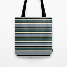 [ Thumbnail: Light Slate Gray, Beige, Dark Slate Gray, and Black Colored Stripes/Lines Pattern Tote Bag ]