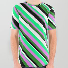 [ Thumbnail: Green, Violet, Forest Green, Black, and White Colored Stripes Pattern All Over Graphic Tee ]
