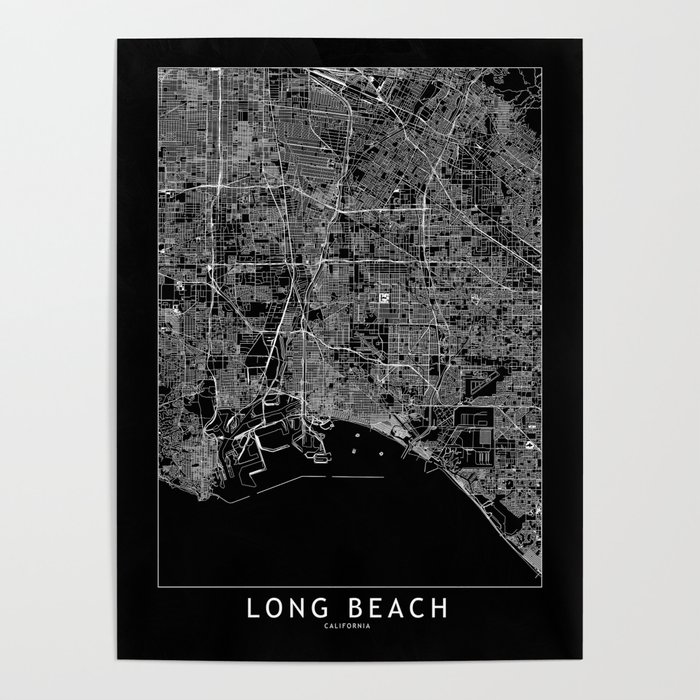 Long Beach Black Map Poster