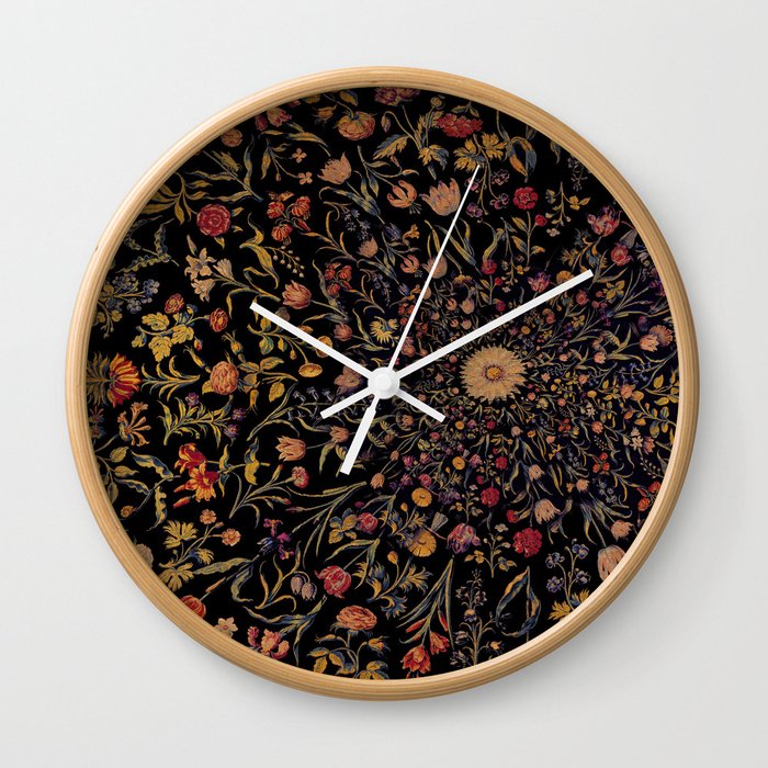 Medieval Flowers on Black Wall Clock
