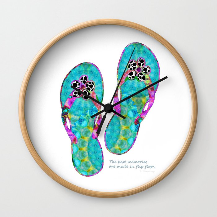 Whimsical Beach Memories - Colorful Bright Flip Flop Art - By Sharon Cummings Wall Clock