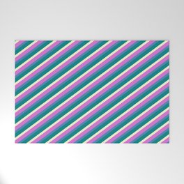 [ Thumbnail: Orchid, Blue, Teal & Light Yellow Colored Striped/Lined Pattern Welcome Mat ]