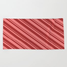 [ Thumbnail: Light Coral & Brown Colored Lined/Striped Pattern Beach Towel ]