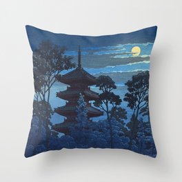 Kawase Hasui, Moon Over Pagoda, Ikegami Honmonji - Vintage Japanese Woodblock Print Art Throw Pillow