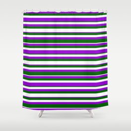 [ Thumbnail: Dark Green, White & Dark Violet Colored Lined Pattern Shower Curtain ]