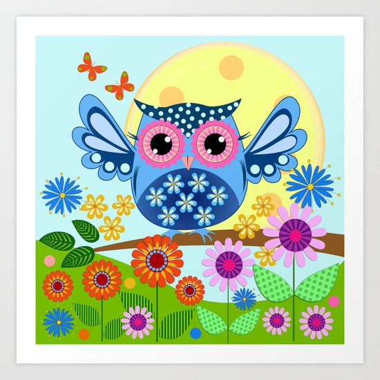 Spring owl in a Flower garden Art Print