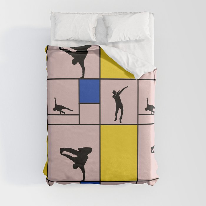 Street dancing like Piet Mondrian - Yellow, and Blue on the pink background Duvet Cover