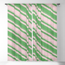 [ Thumbnail: Pink and Green Colored Striped/Lined Pattern Sheer Curtain ]