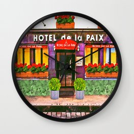 Paris Hotel De La Paix colorful street scene watercolor portrait painting with flower boxes Wall Clock