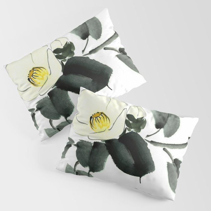 White camellia sumi ink and japanese watercolor painting Pillow Sham