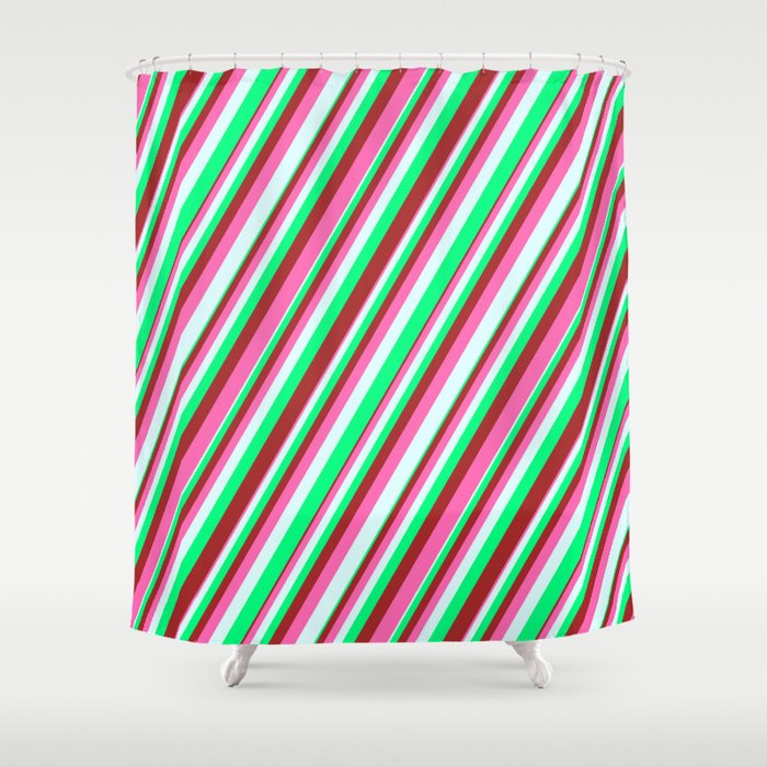 Green, Brown, Hot Pink & Light Cyan Colored Striped Pattern Shower Curtain