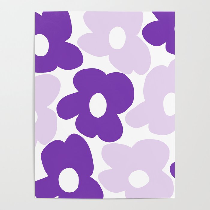Large Baby Purple And Bright Purple Retro Flowers on White Background #decor #society6 #buyart Poster