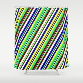 [ Thumbnail: Maroon, White, Blue, Yellow & Green Colored Striped Pattern Shower Curtain ]