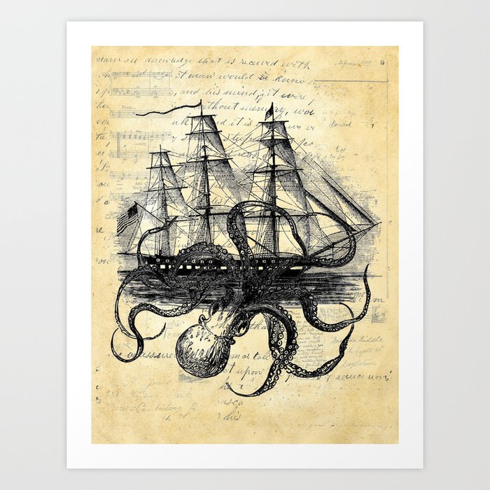 Kraken Octopus Attacking Ship Multi Collage Background Art Print